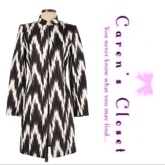 Tahari Chocolate Brown & White Modern Print Long BlazerJacket - Picture 5 of 9